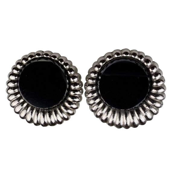Sarah Coventry Womens Silver Tone Clip-On Earrings Retro 1960s Scalloped Black A - Picture 1 of 5